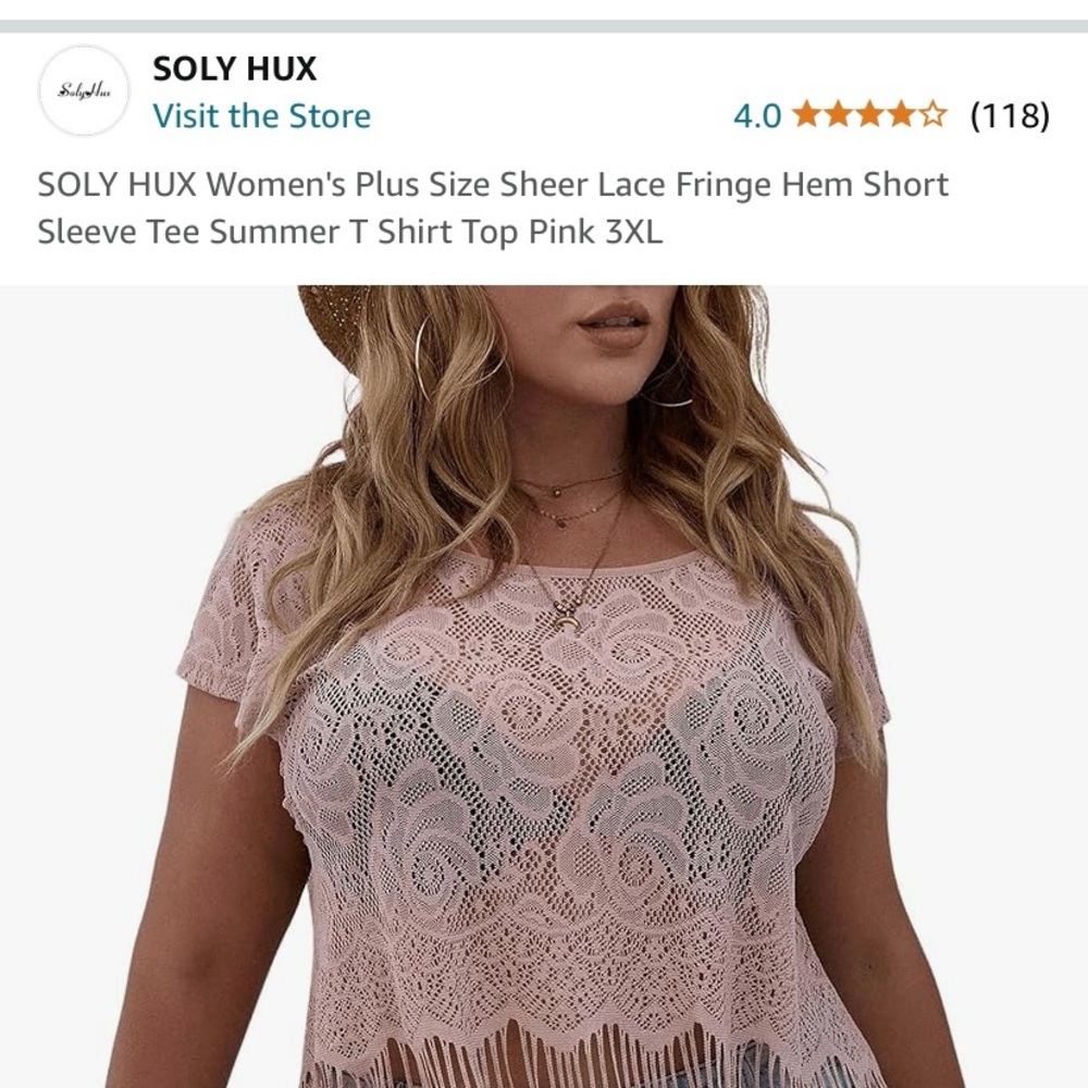 Sheer Lace Fringe Hem Short Sleeve Tee Summer T Shirt Top Pink 3XL